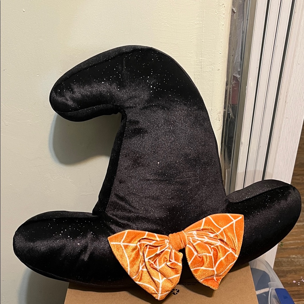 Black Witch Hat Pillow with Orange Bow